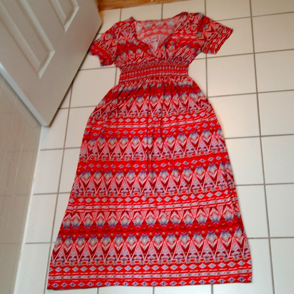 Red multicolor Vneck maxi dress
